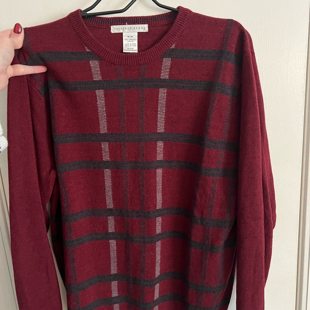 Geoffrey Beene Men's Maroon Plaid Crewneck Sweater